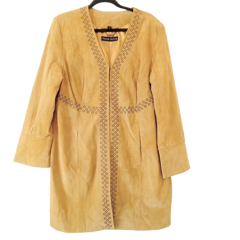 Pamela McCoy Suede Duster 1X Grommet Embellished Tan Fully Lined Washable Suede